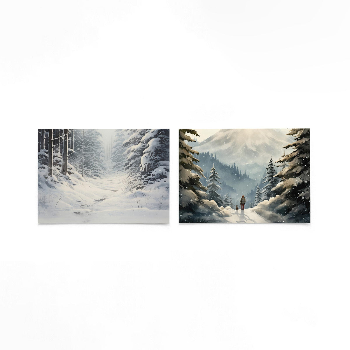 Twee liggende posters met een serene winterse scène met besneeuwde bomen en een zacht op een gebroken witte achtergrond