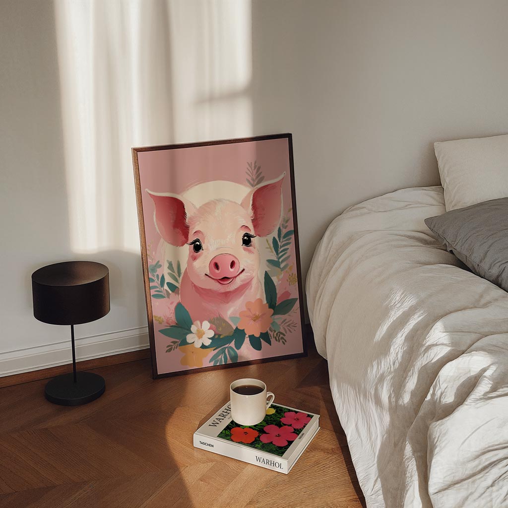 Schattige Varkensposter met Bloemen Poster-WallArtistic