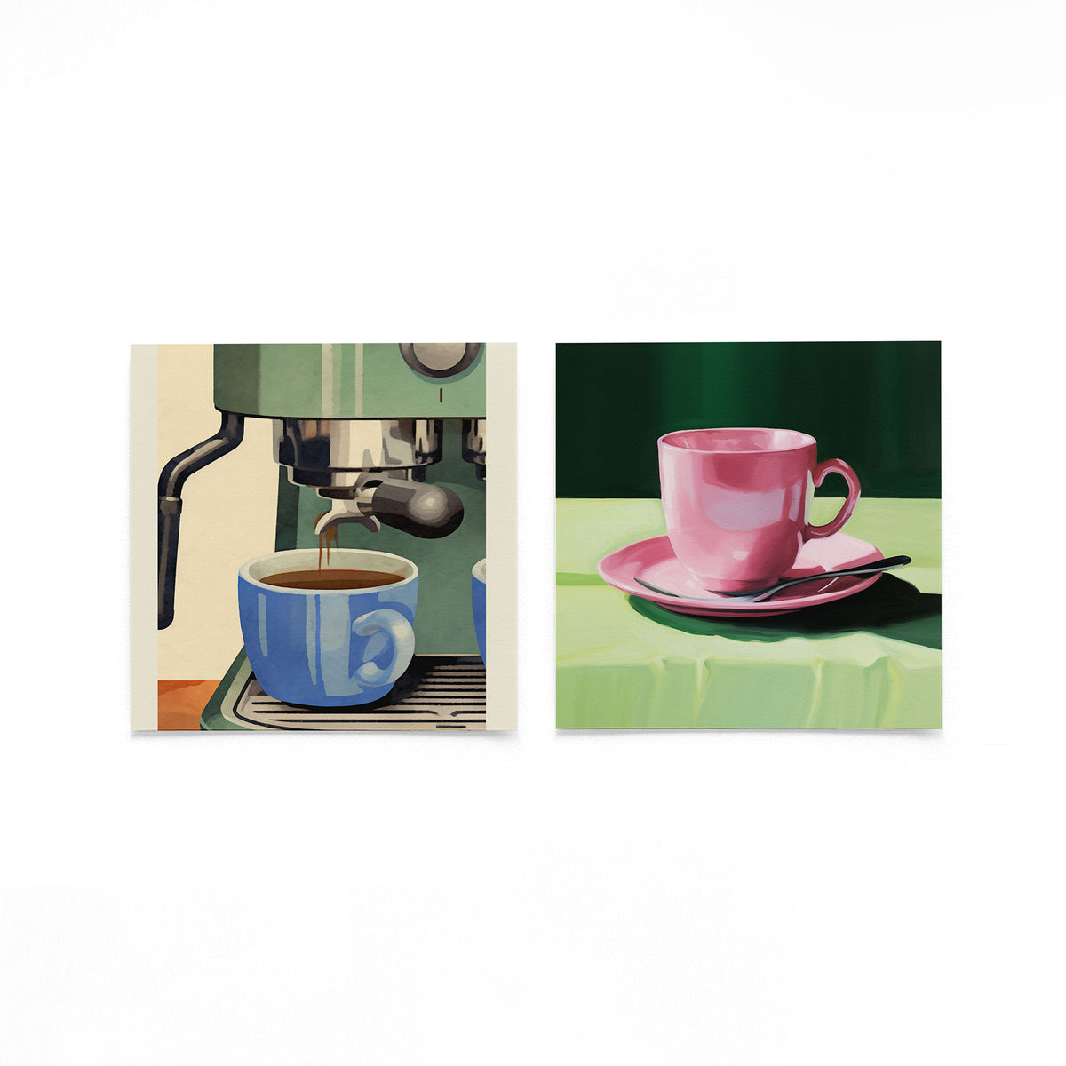 Twee vierkante posters met koffiemachine en kopjes op een gebroken witte achtergrond