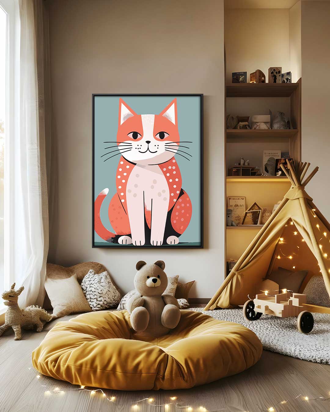 Vrolijke Kat Illustratie Kunstwerk-canvas-dibond-plexiglas-wanddecoratie-WallArtistic