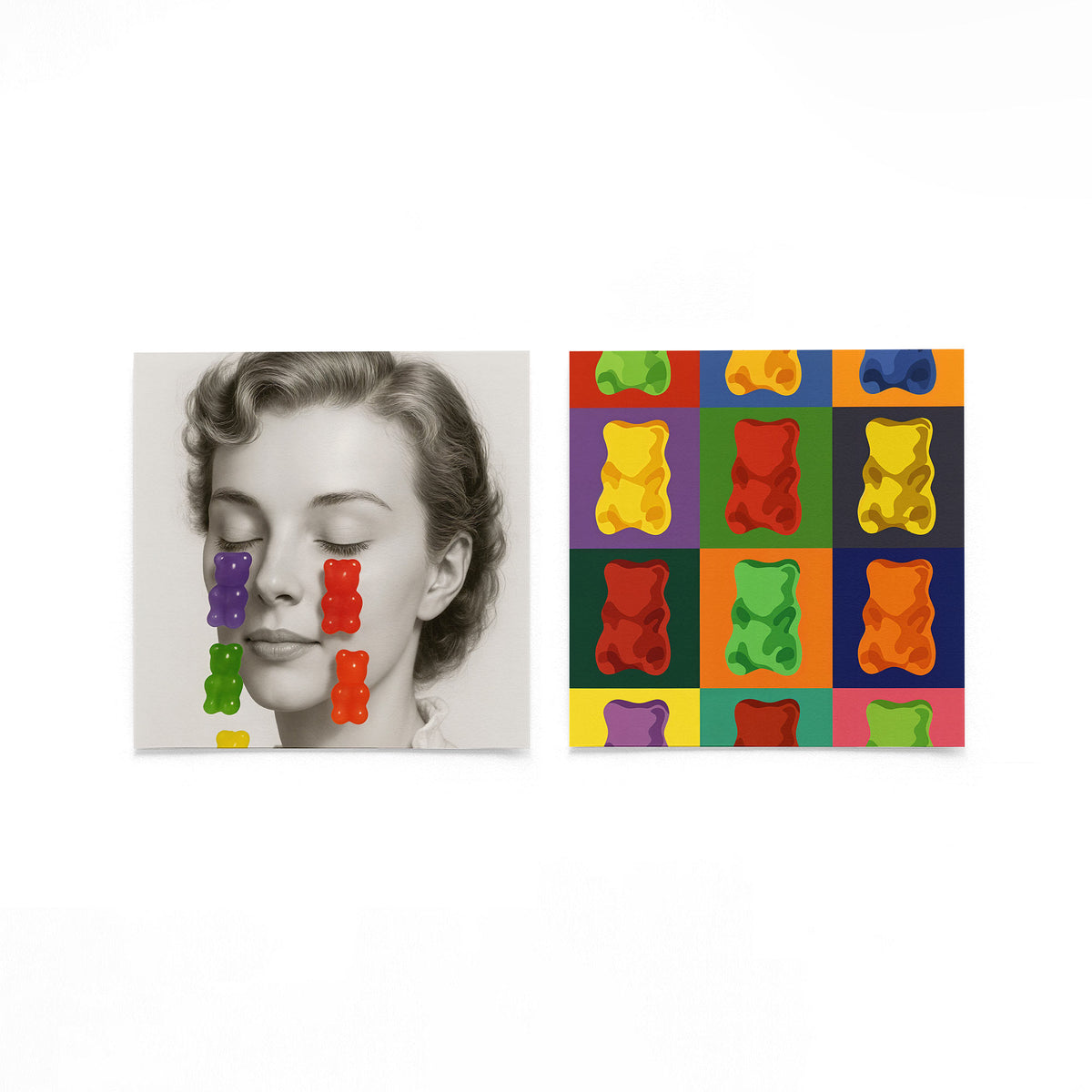 Twee vierkante posters met gummyberen popart op een gebroken witte achtergrond