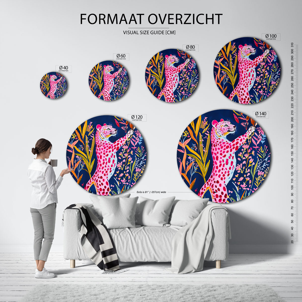Roze luipaard met bloemen Muurcirkel