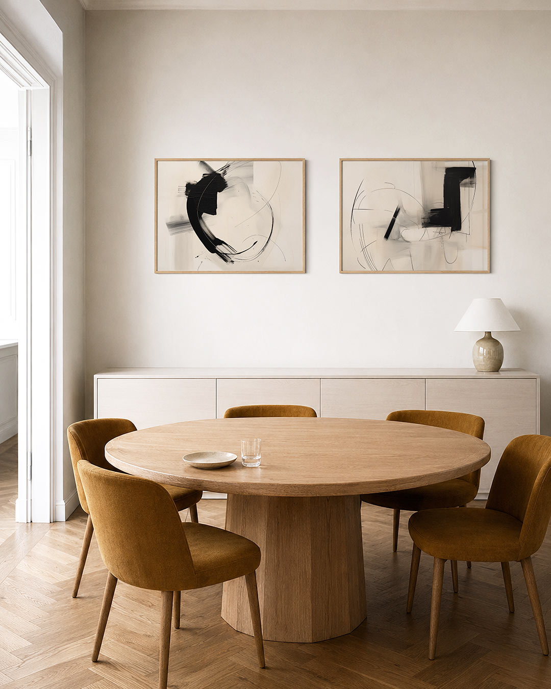 Twee liggende posters met vloeiende zwarte penseelstreken op een lichte achtergrond, aan de muur in een interieur