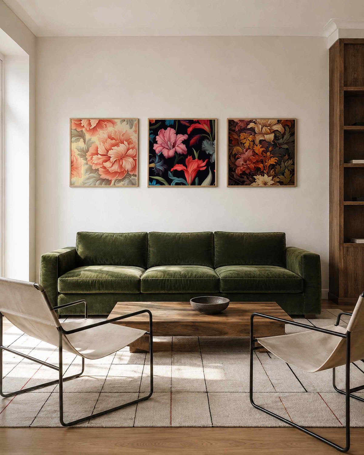 Interieurpresentatie van een driedelige vierkante posterset met kleurrijke bloemen