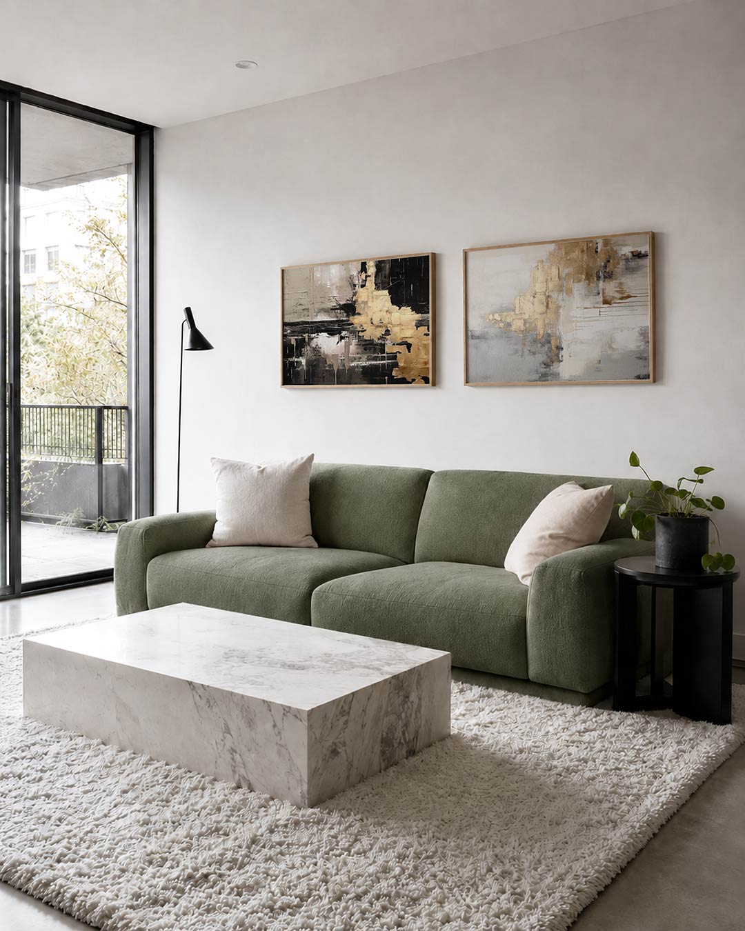 Twee liggende posters met goud, zwart en beige, aan de muur in een interieur