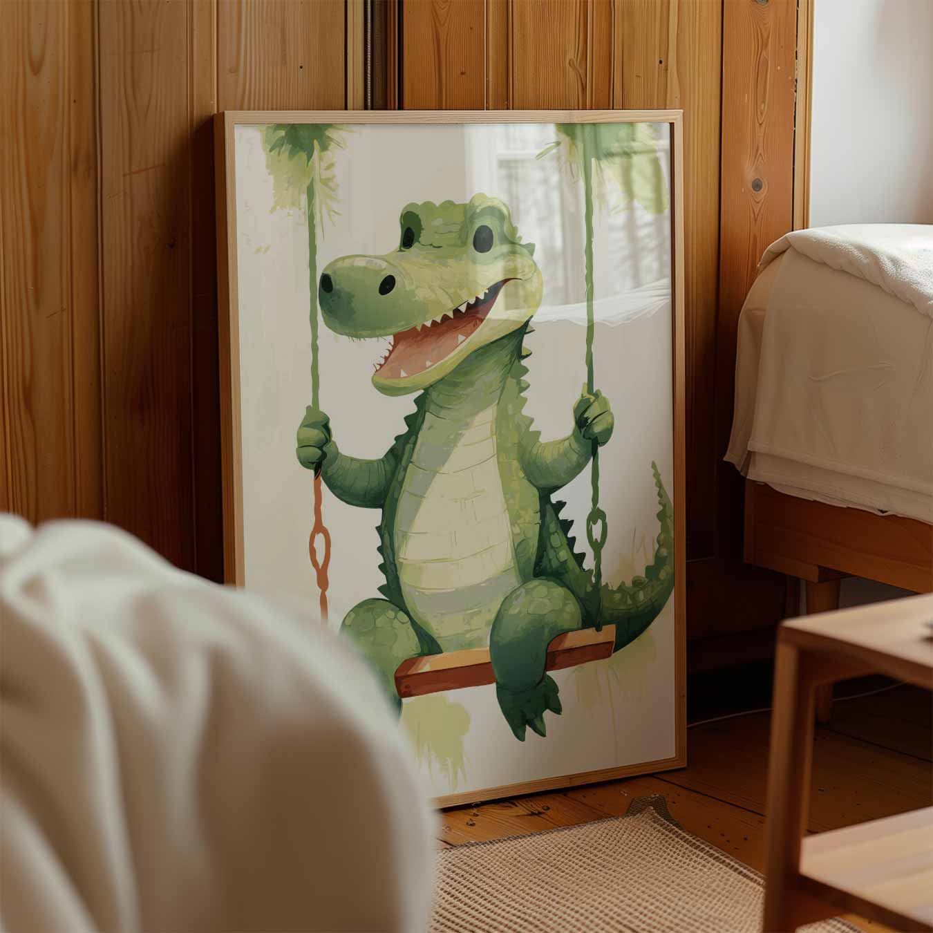 Krokodil op Schommel Poster-WallArtistic