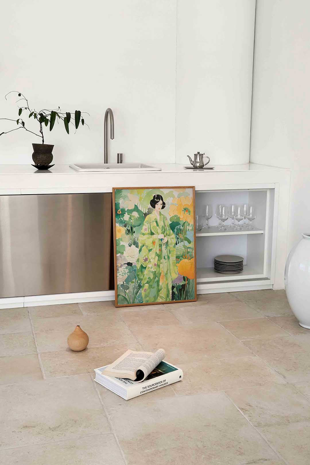 Vrouw in groene kimono Poster