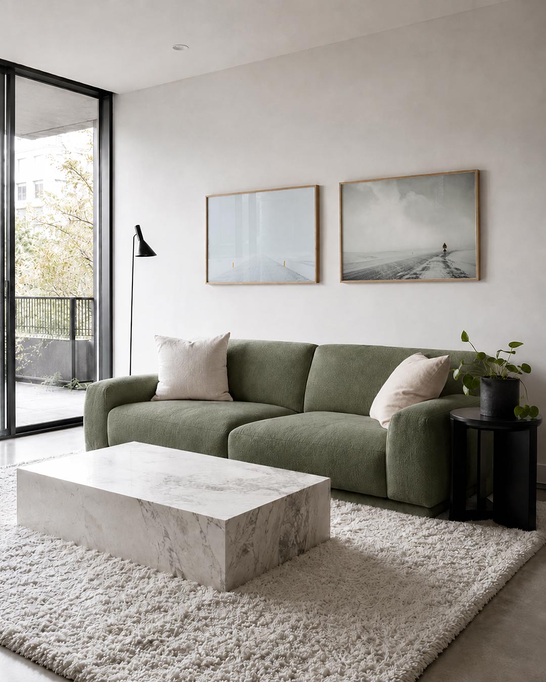 Interieur met liggend fotografisch tweeluik wegen in de sneeuw – Gerald Emming