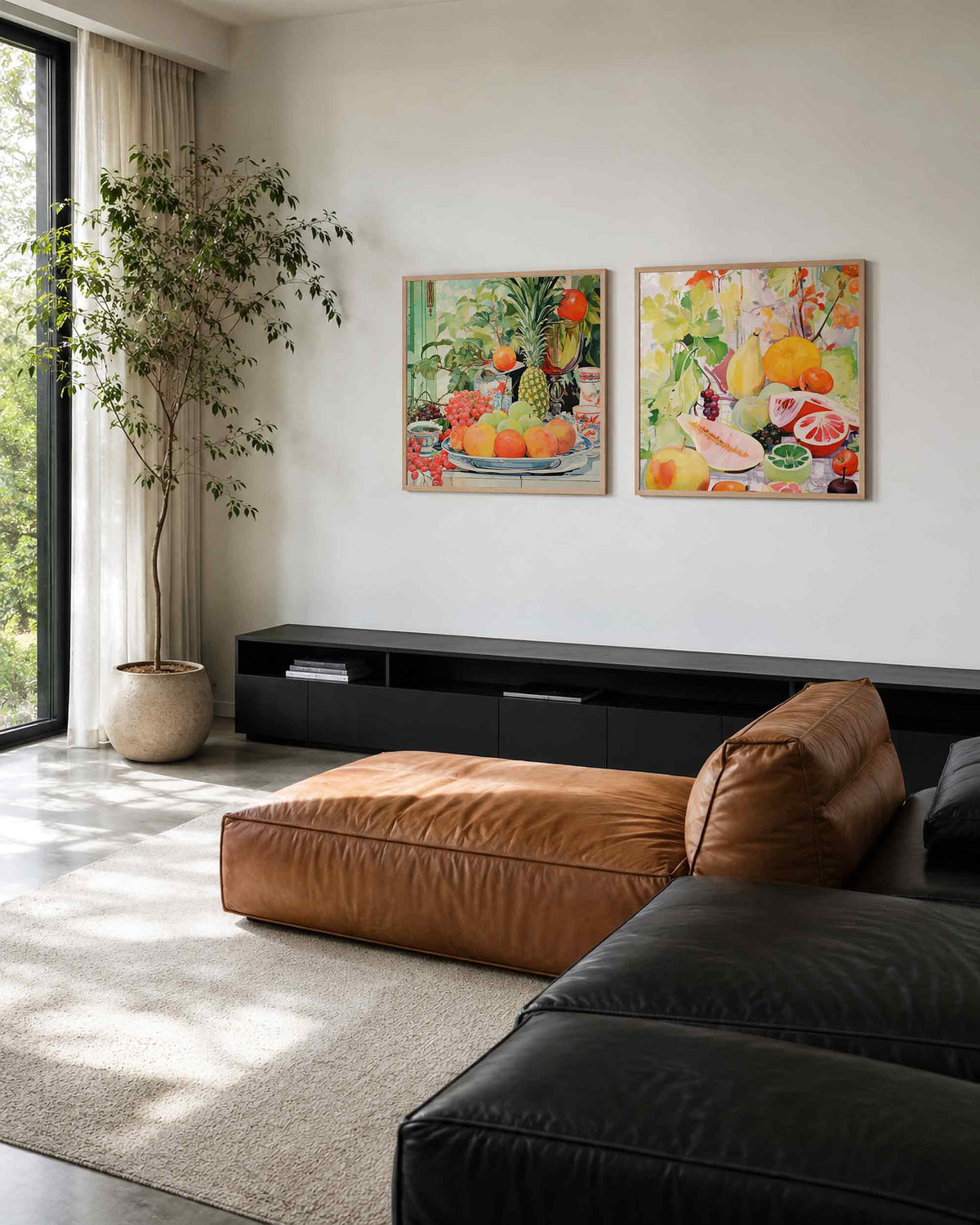 Interieurpresentatie van een tweedelige vierkante posterset met citrus en fruit