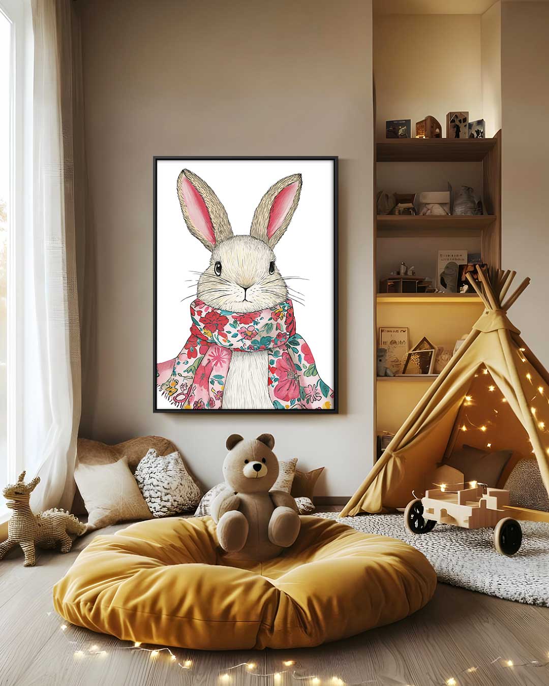 Schattig Konijn met Bloemensjaal Kunstwerk-canvas-dibond-plexiglas-wanddecoratie-WallArtistic