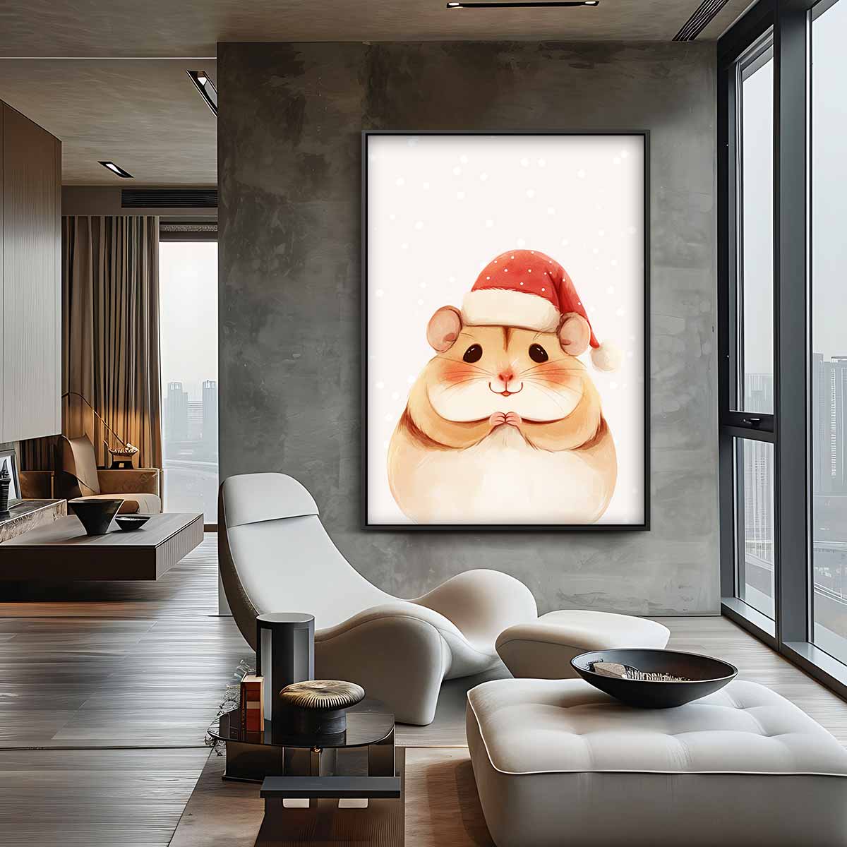 Schattige Kersthamster Illustratie Kunstwerk-canvas-dibond-plexiglas-wanddecoratie-WallArtistic