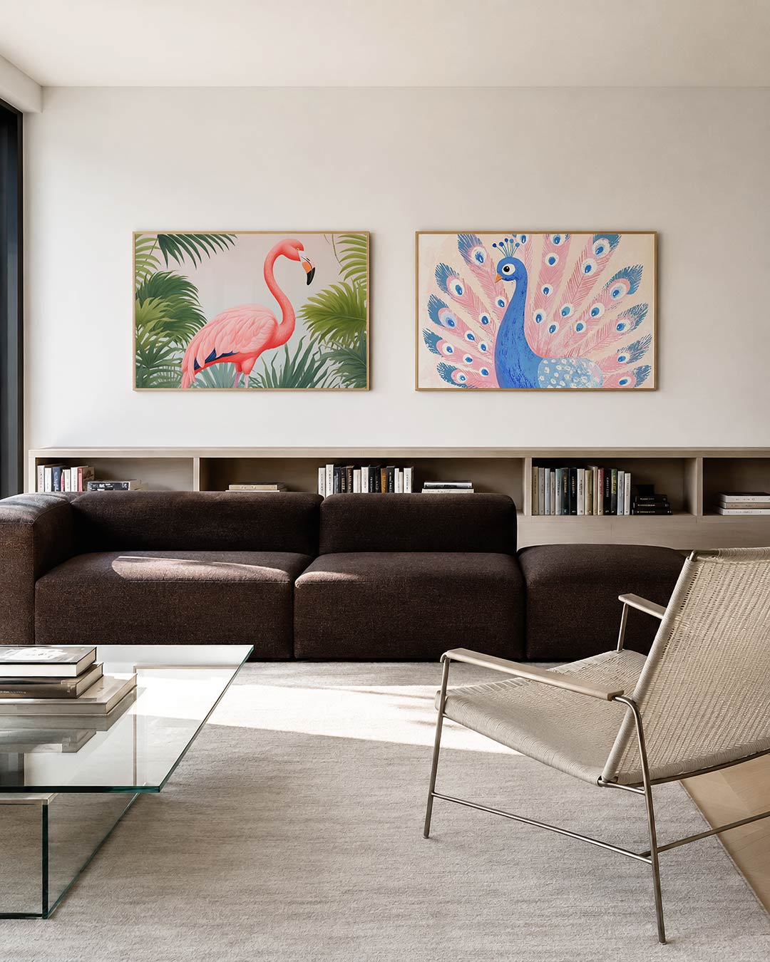 Tweedelige posterset met een roze flamingo omringd door groene palmbladeren, getoond in een interieur