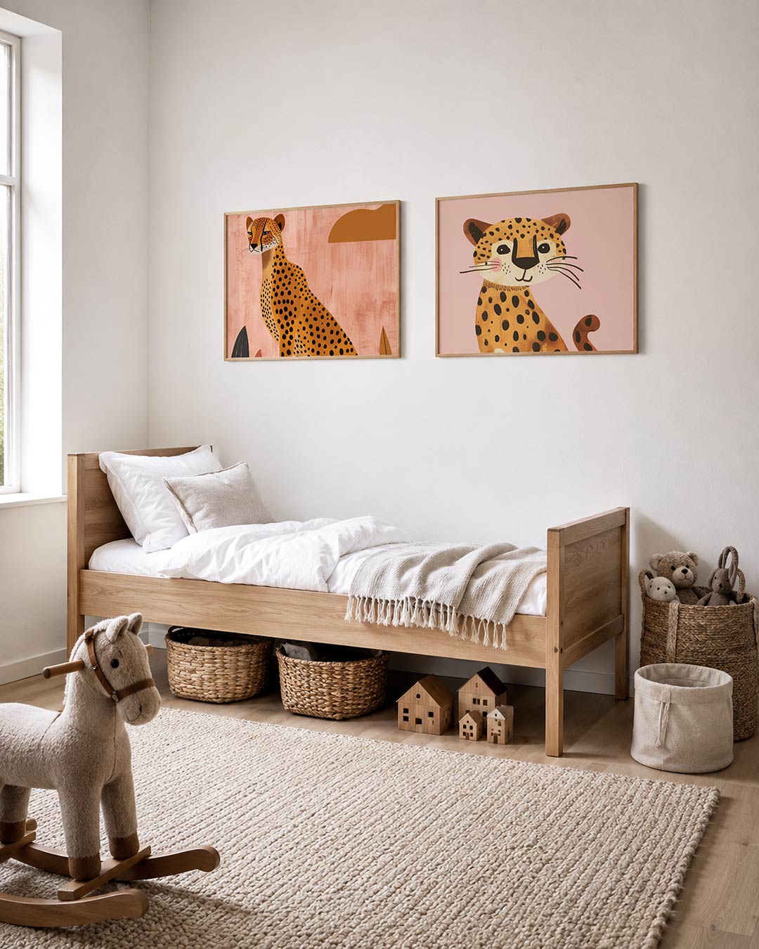 Twee liggende posters met een sierlijke cheetah met zwarte vlekken, aan de muur in een interieur