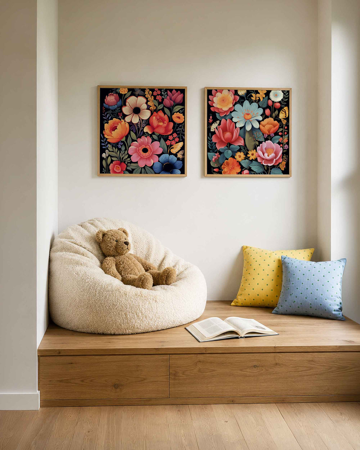 Interieurpresentatie van een tweedelige vierkante posterset met bloemen en vlinders