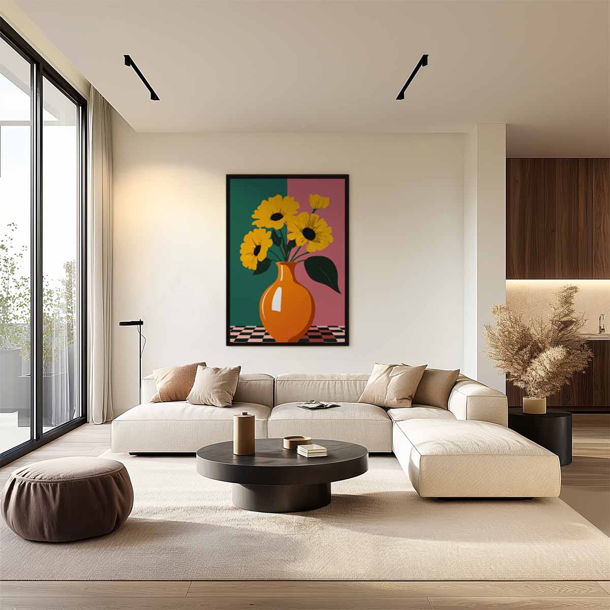 Zonnige Bloemen in Vaas Kunstwerk-canvas-dibond-plexiglas-wanddecoratie-WallArtistic