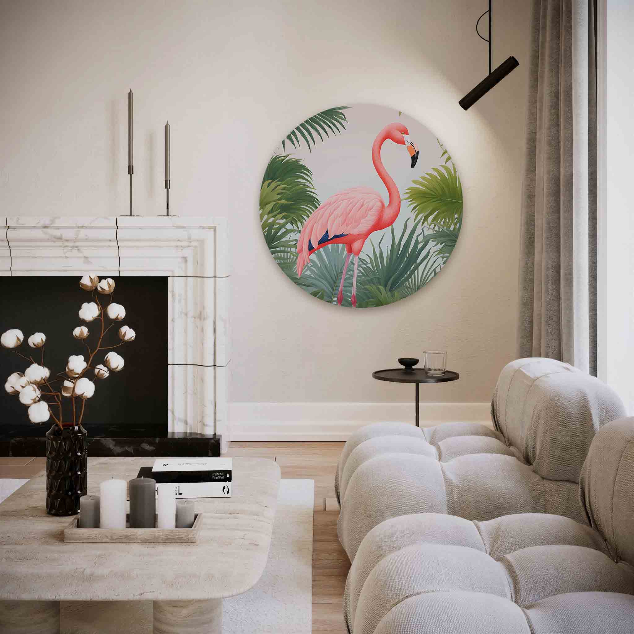 Flamingo en bladeren Muurcirkel