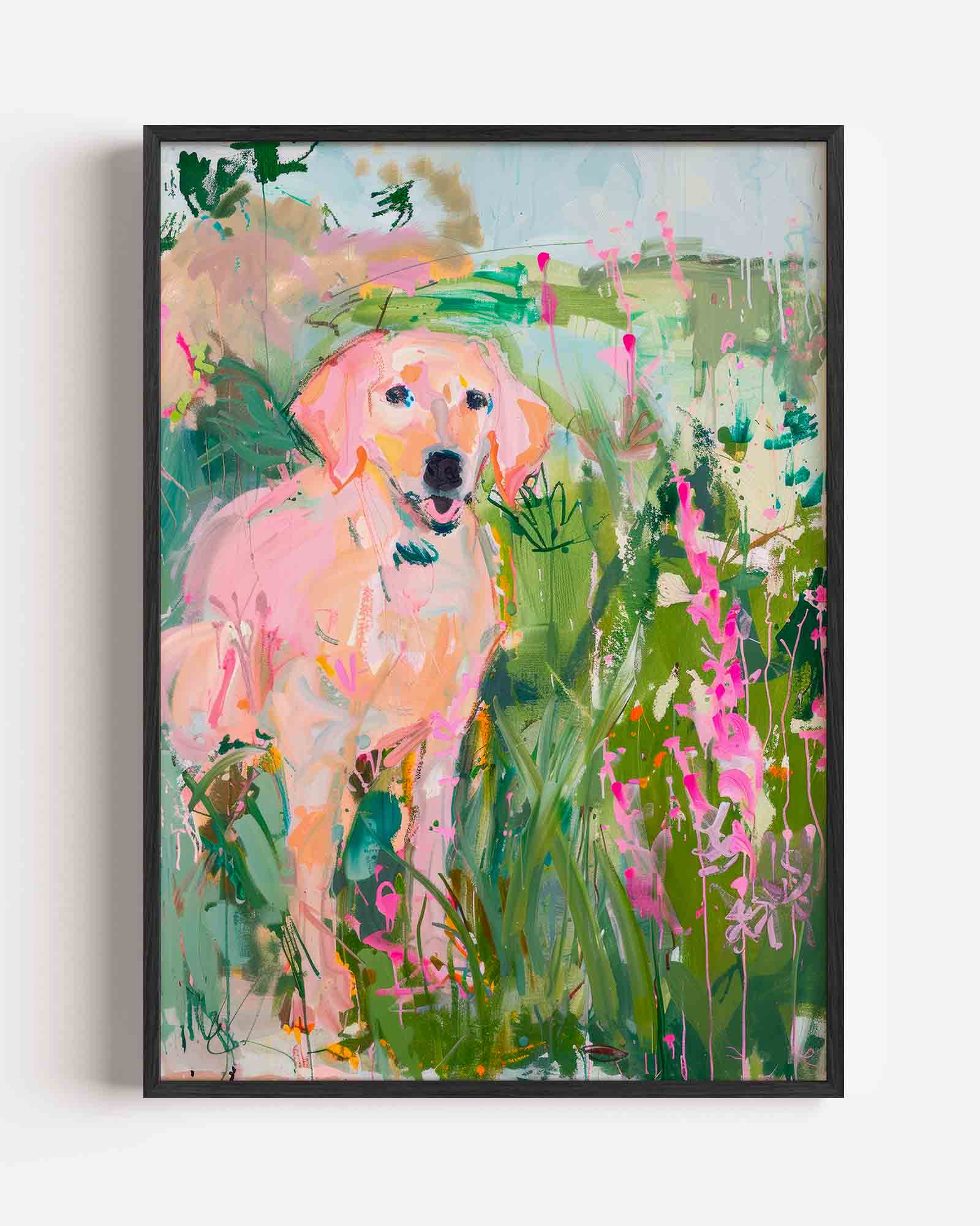 Hond in kleurrijke bloemen Poster