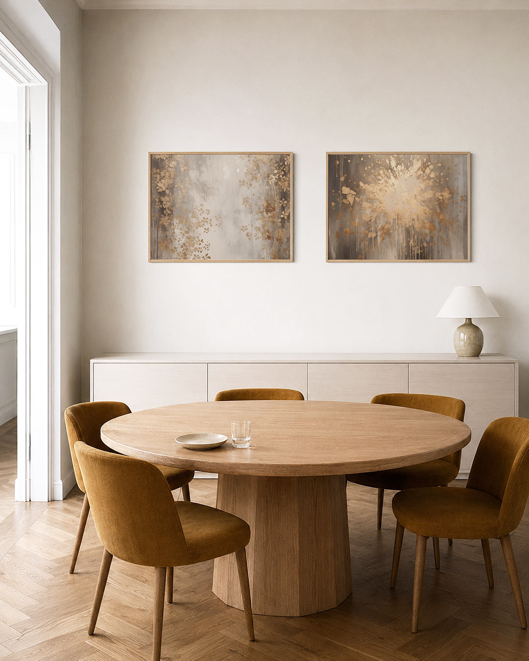 Tweedelige posterset met een vloeiende beweging van gouden bloemen, getoond in een interieur