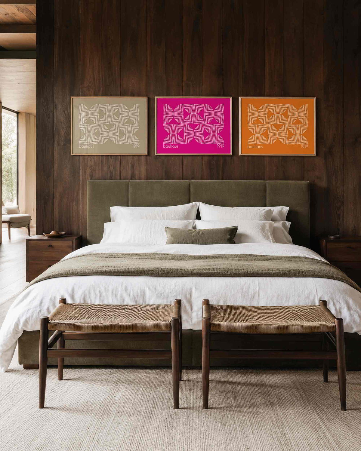 Interieurmockup van drieluik landscape-posterset met concentrische lijnen in kleur