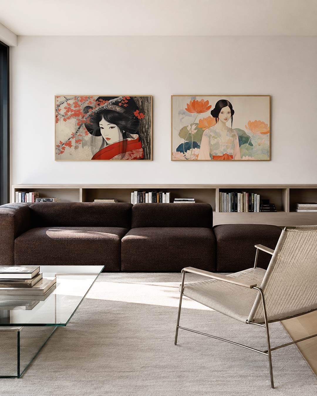 Tweedelige posterset met rode bloesems en een portret met zachte lijnen, getoond in een interieur