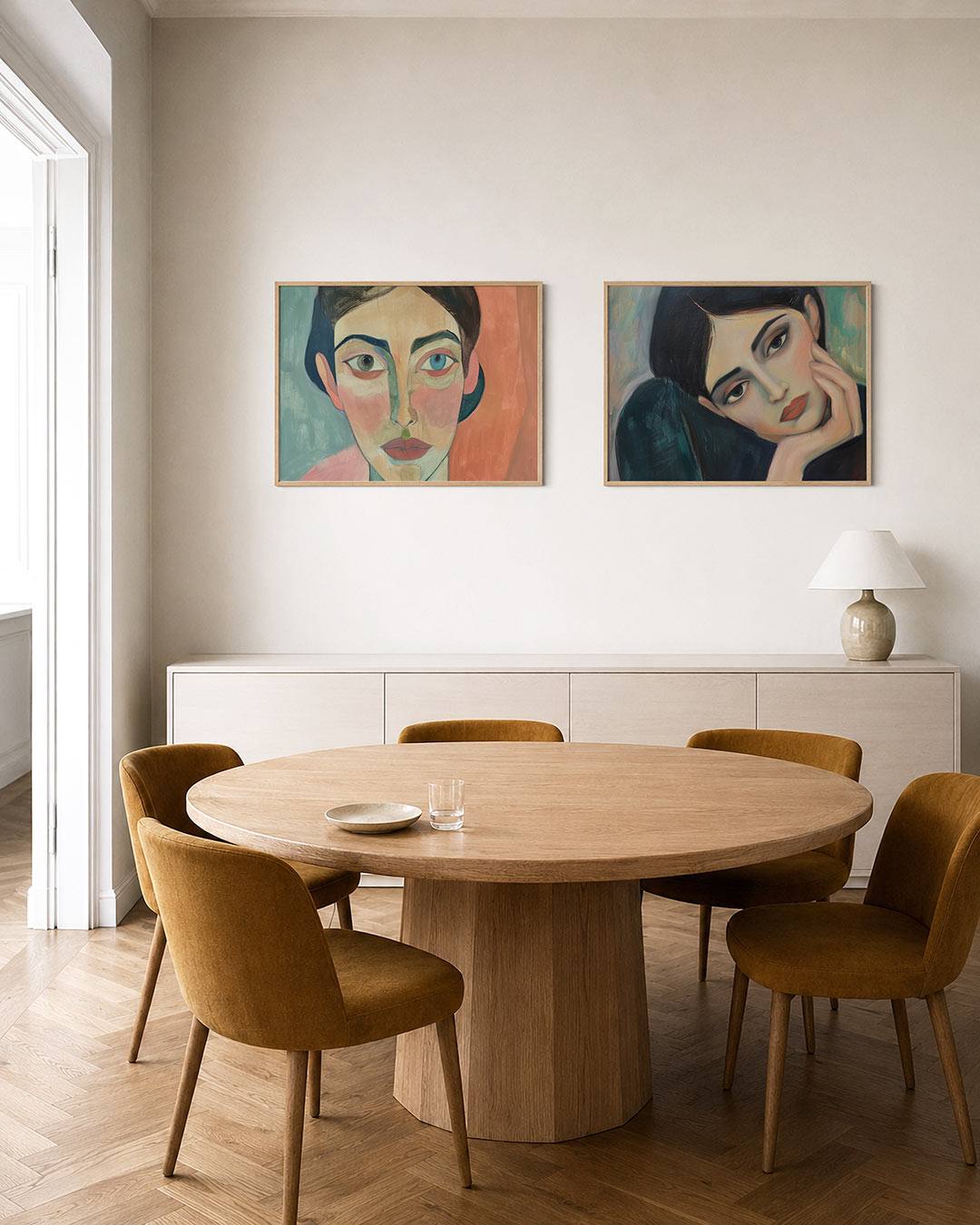 Twee liggende posters met een gezicht met asymmetrische ogen en zachte kleuren, aan de muur in een interieur