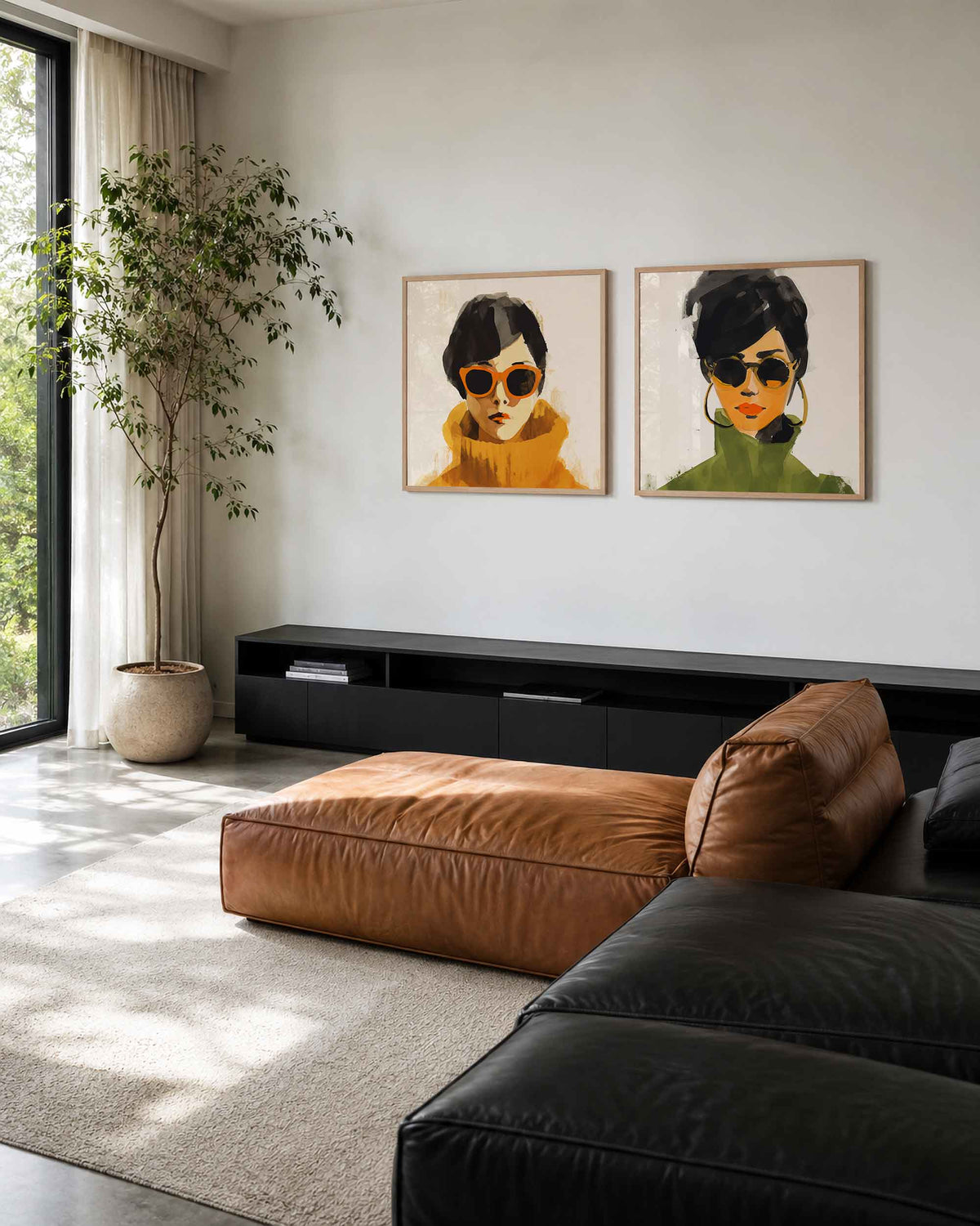 Interieurpresentatie van een tweedelige vierkante posterset met portretten met zonnebril