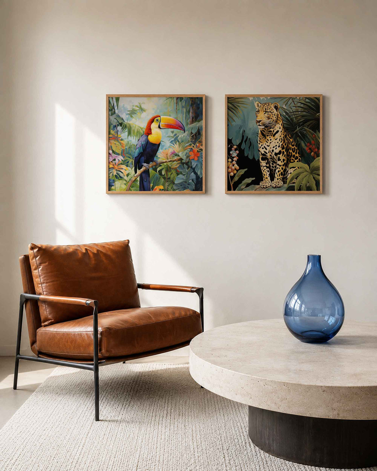 Interieurpresentatie van een tweedelige vierkante posterset met toekan en luipaard
