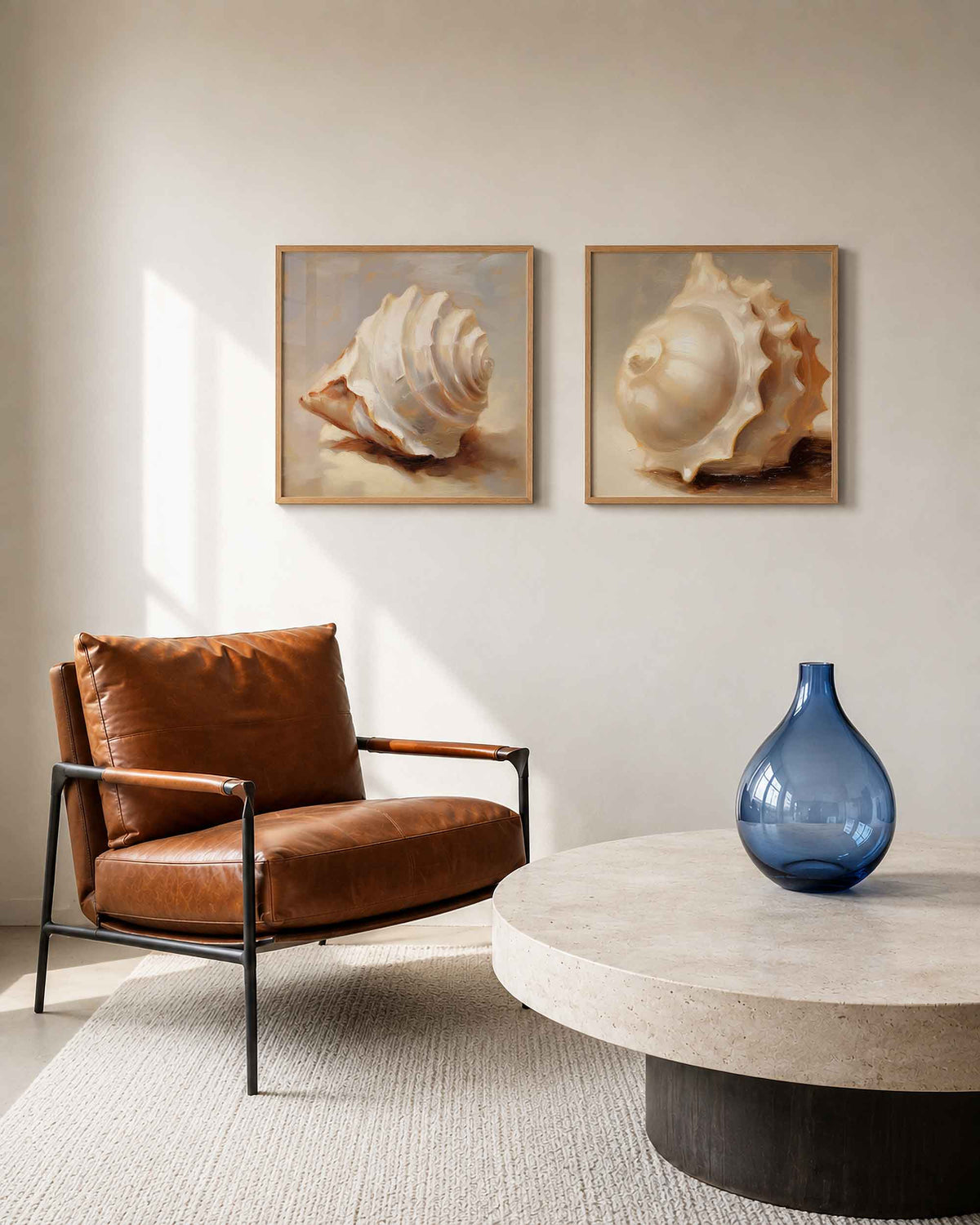 Interieurpresentatie van een tweedelige vierkante posterset met zeeschelpen