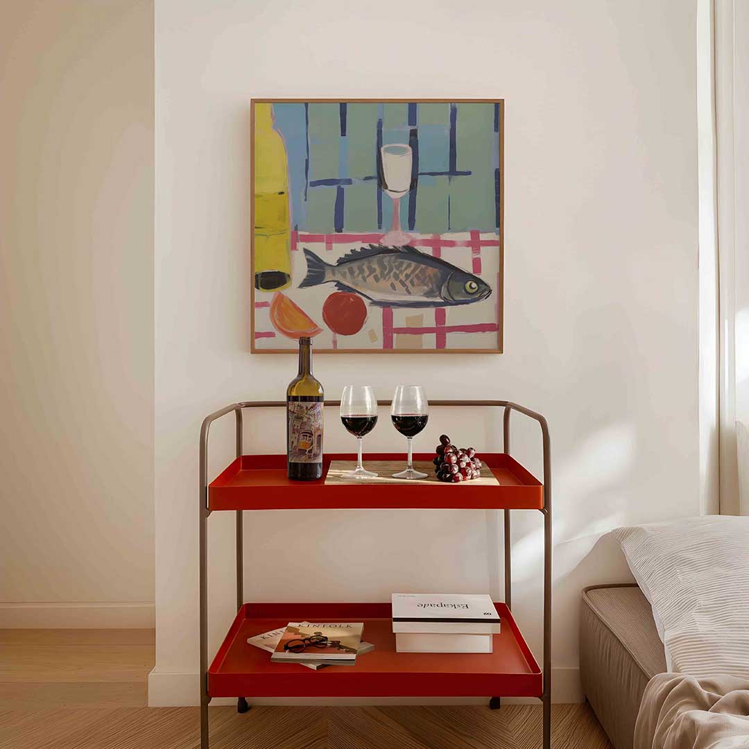 Vis en glas op tafel Poster