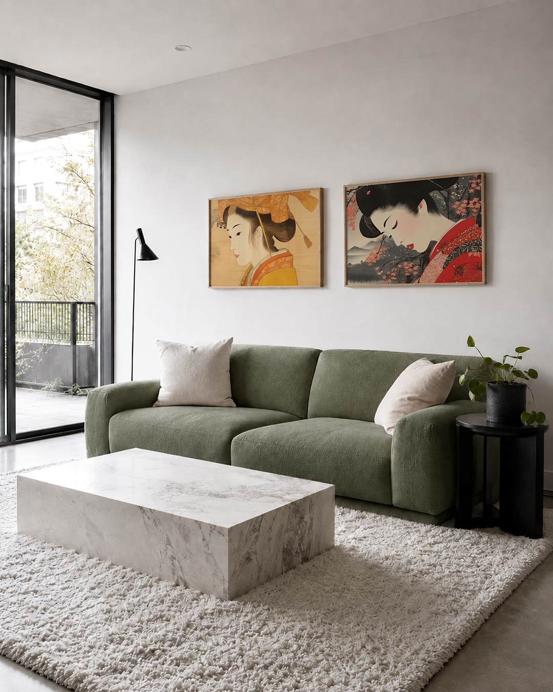 Twee liggende posters met een sierlijke figuur, vloeiende lijnen en warme kleuren, aan de muur in een interieur