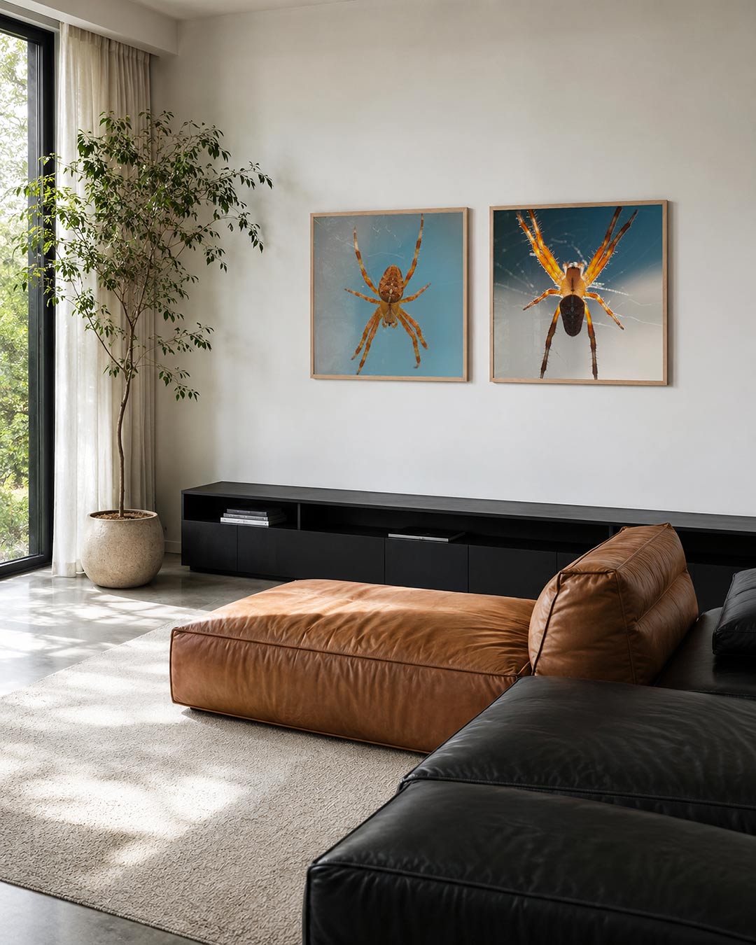 Interieur met vierkant fotografisch tweeluik spinnen in tegenlicht – Gerald Emming
