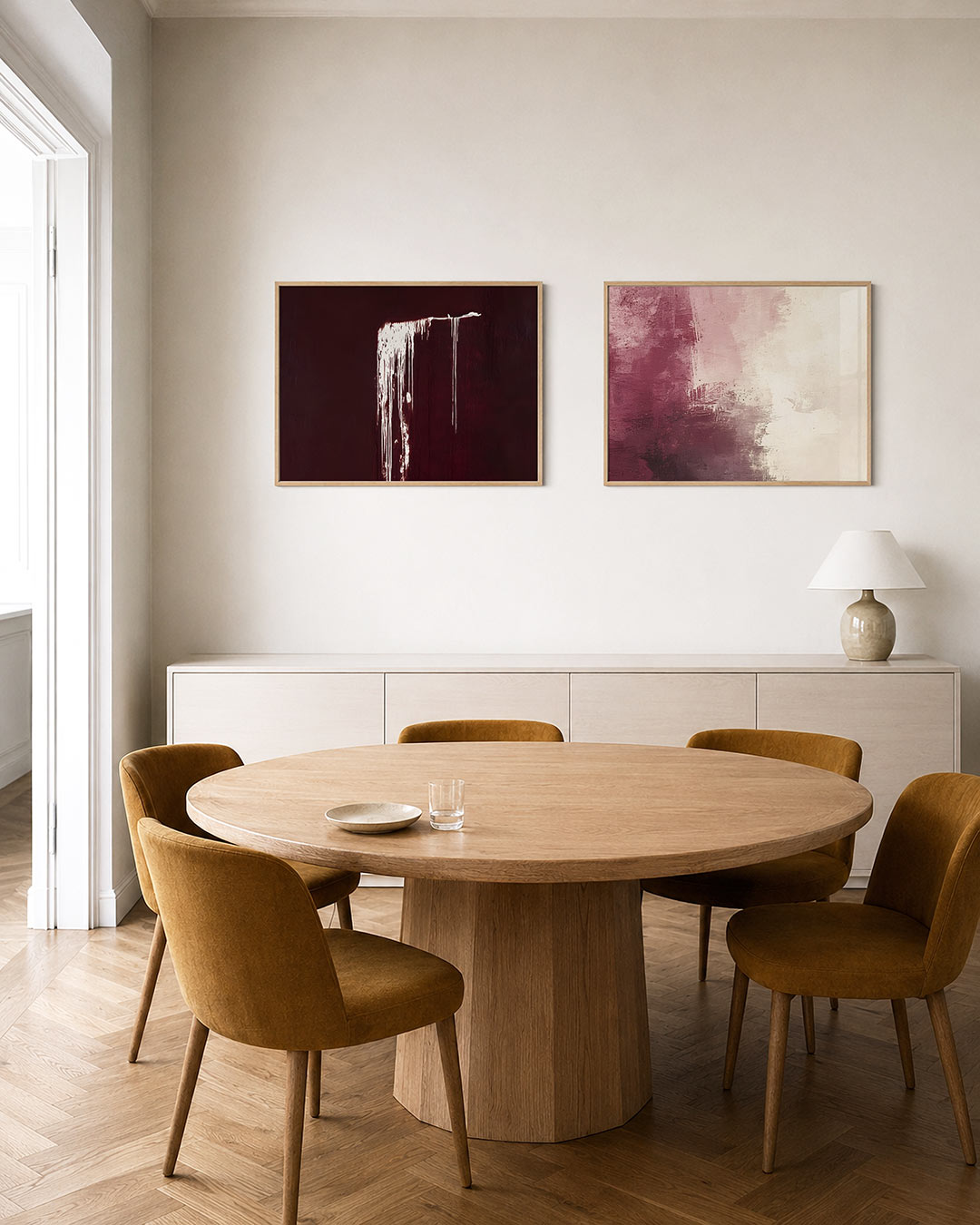 Twee liggende posters met een diepe, donkere achtergrond met witte verfstrepen, aan de muur in een interieur