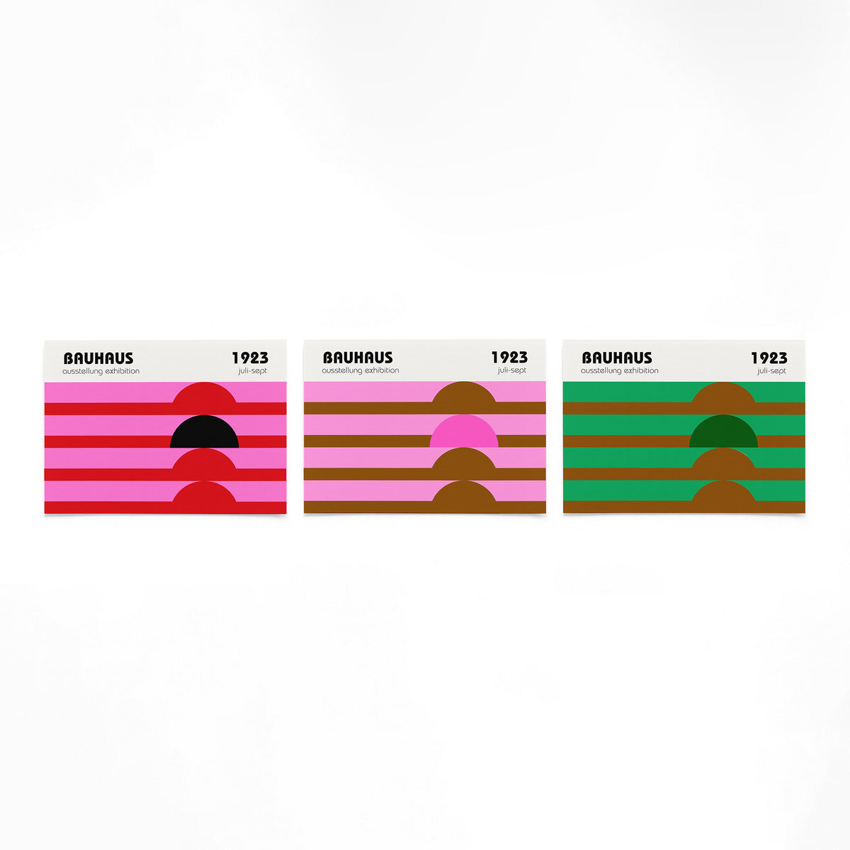 Drie landscape posters met halve cirkels en kleurbanen als vrijstaande productfoto