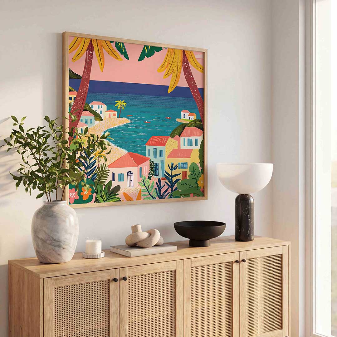 Strandhuisjes en palmbomen Poster