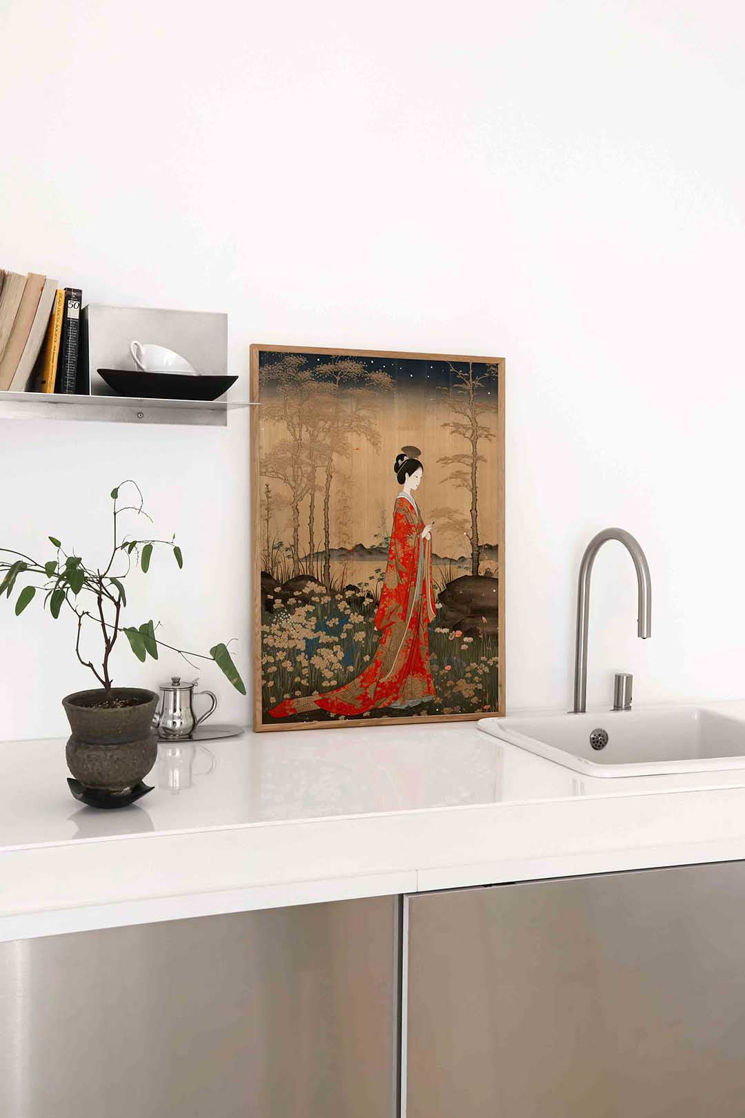 Vrouw in rode kimono Poster