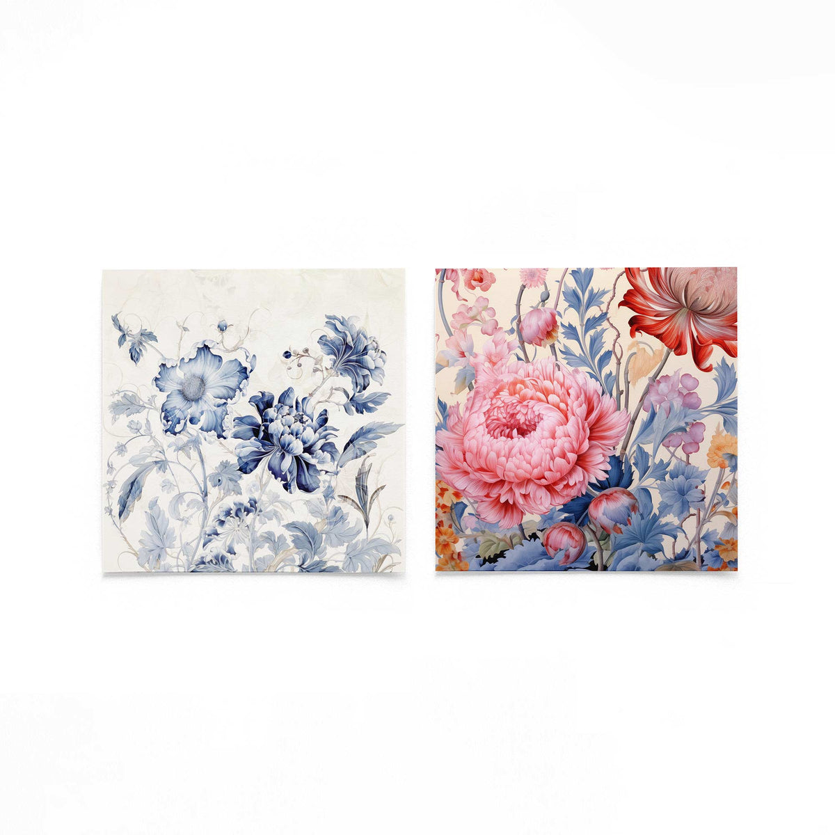 Twee vierkante posters met bloemen en bladeren op een gebroken witte achtergrond