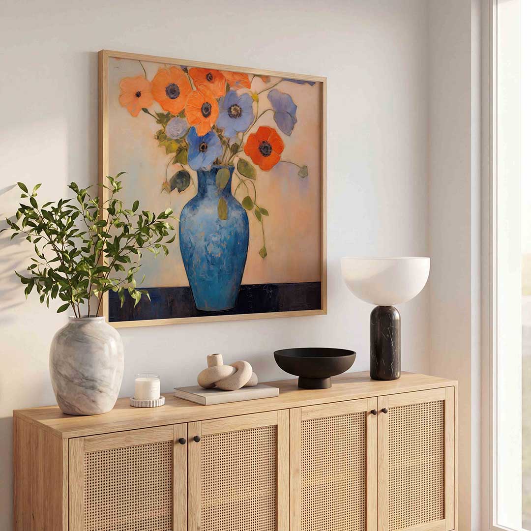 Bloemen in blauwe vaas Poster