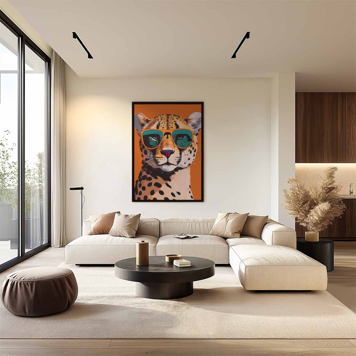 Stoere Jachtluipaard met Zonnebril Kunstwerk-canvas-dibond-plexiglas-wanddecoratie-WallArtistic