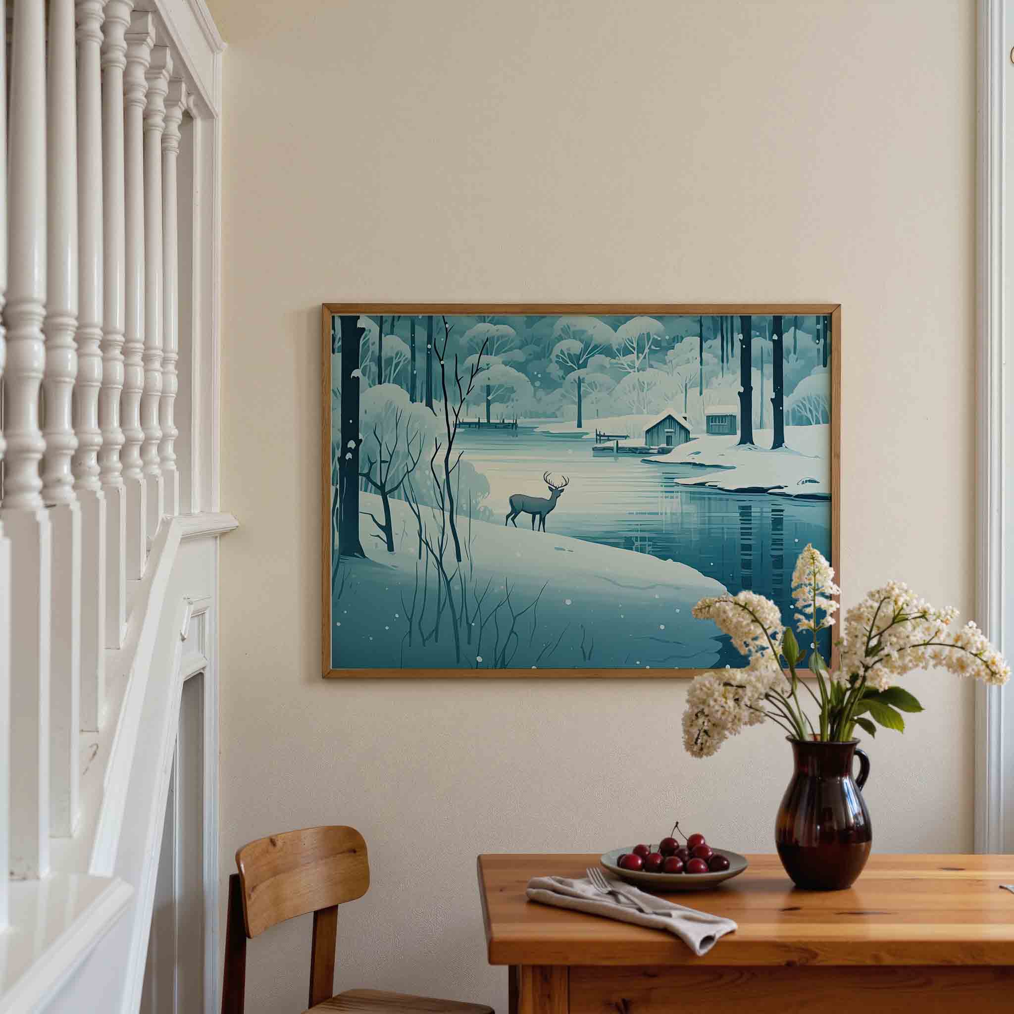 Hert bij besneeuwd meer Poster