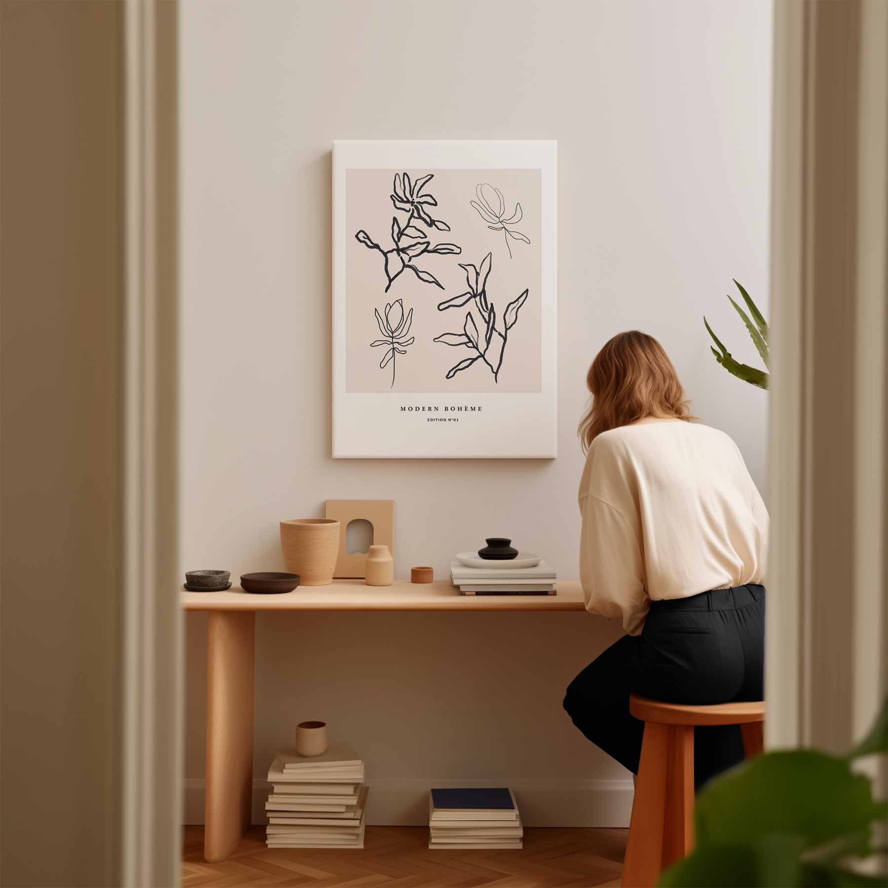 Moderne Boho Lijntekening Bloemen Kunstwerk-canvas-dibond-plexiglas-wanddecoratie-WallArtistic