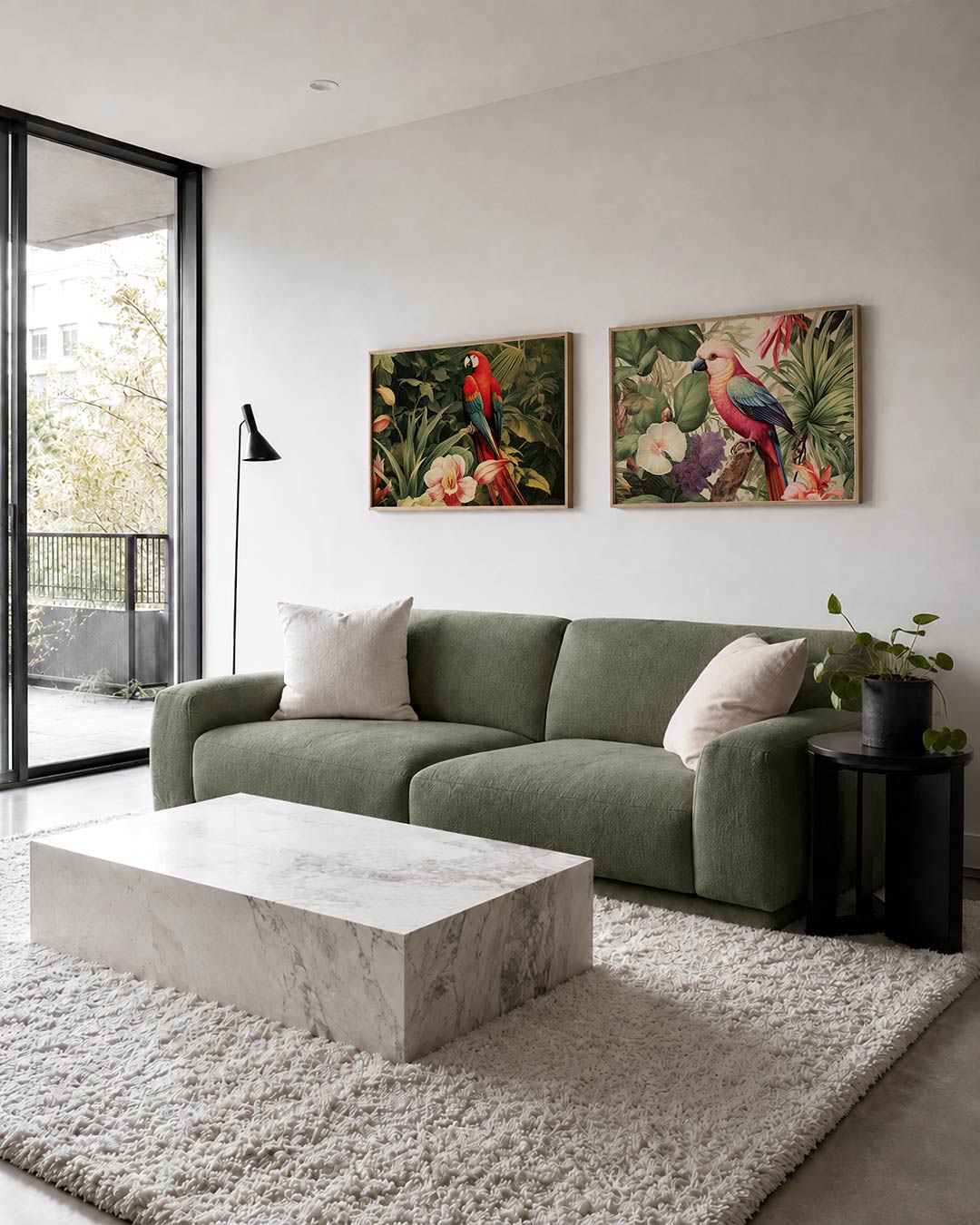 Tweedelige posterset met een levendige papegaai, getoond in een interieur
