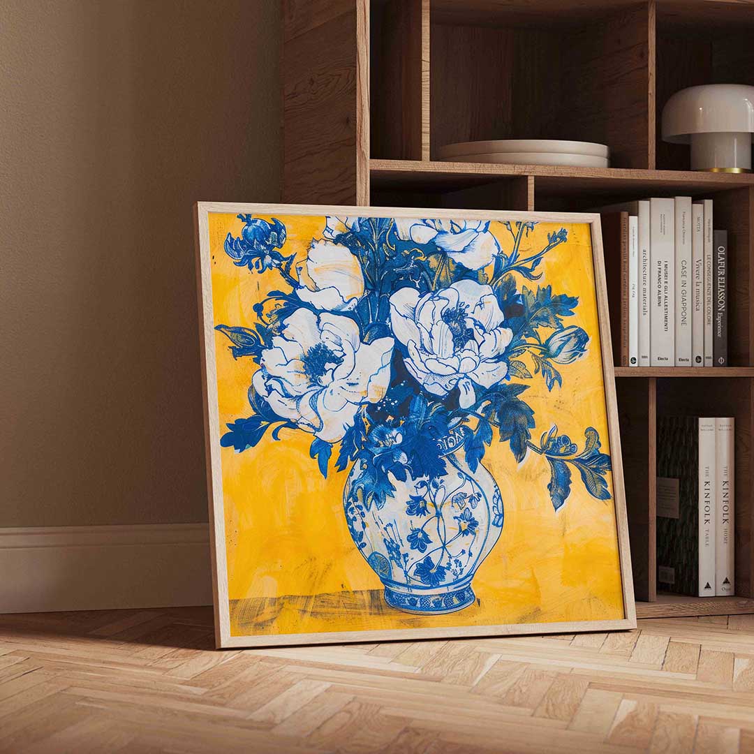 Blauwe bloemen in vaas Poster