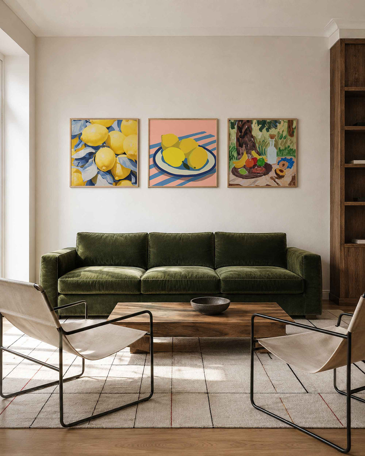 Interieurpresentatie van een driedelige vierkante posterset met citroenen en fruit