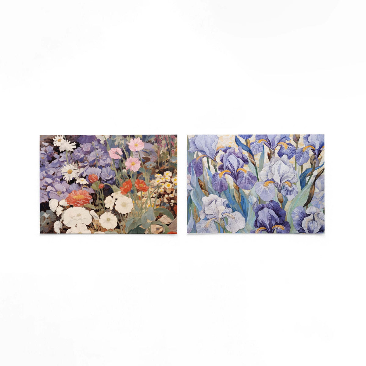 Twee liggende posters met een levendige verzameling bloemen in zachte kleuren op een gebroken witte achtergrond