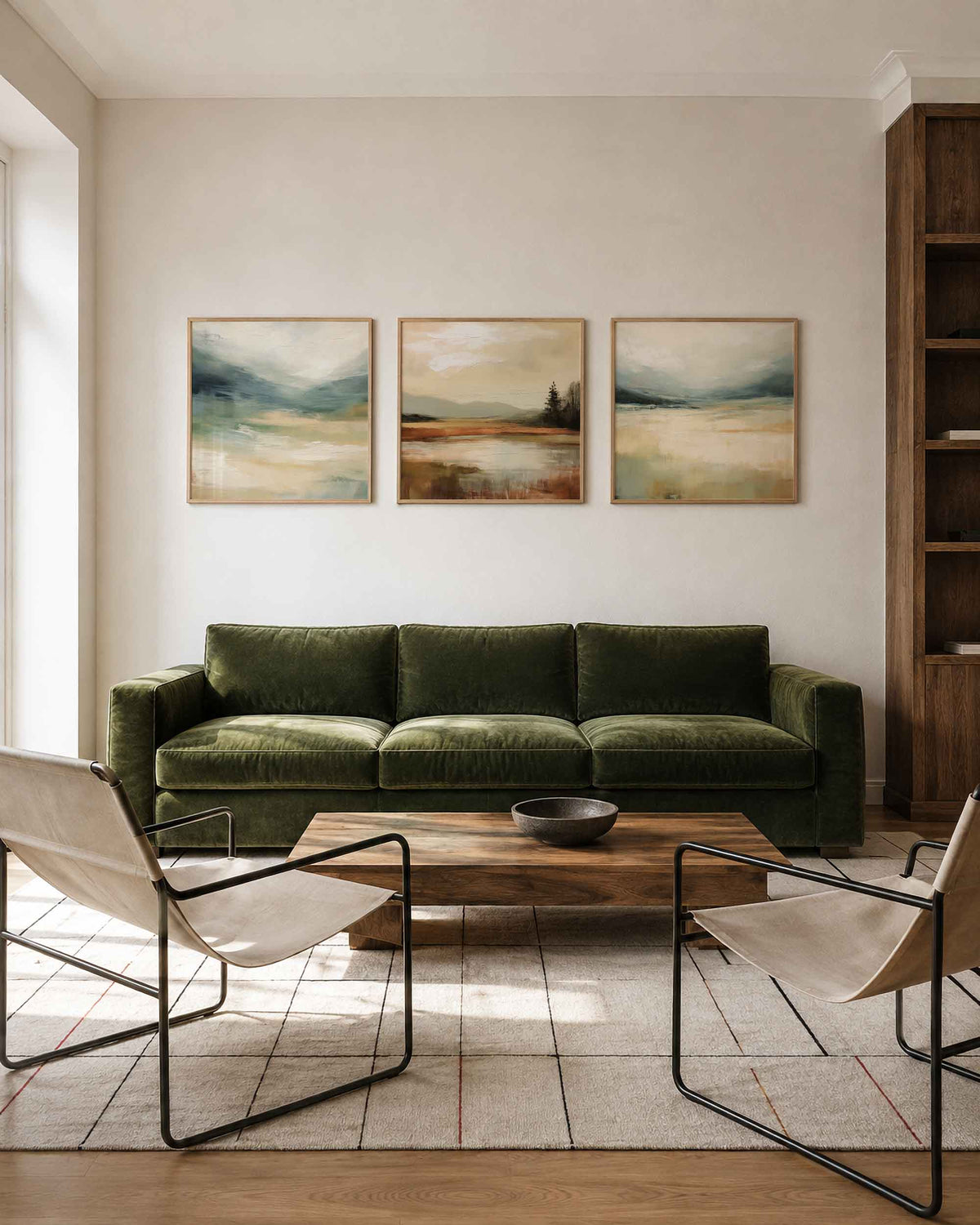 Interieurpresentatie van een driedelige vierkante posterset met abstracte landschappen