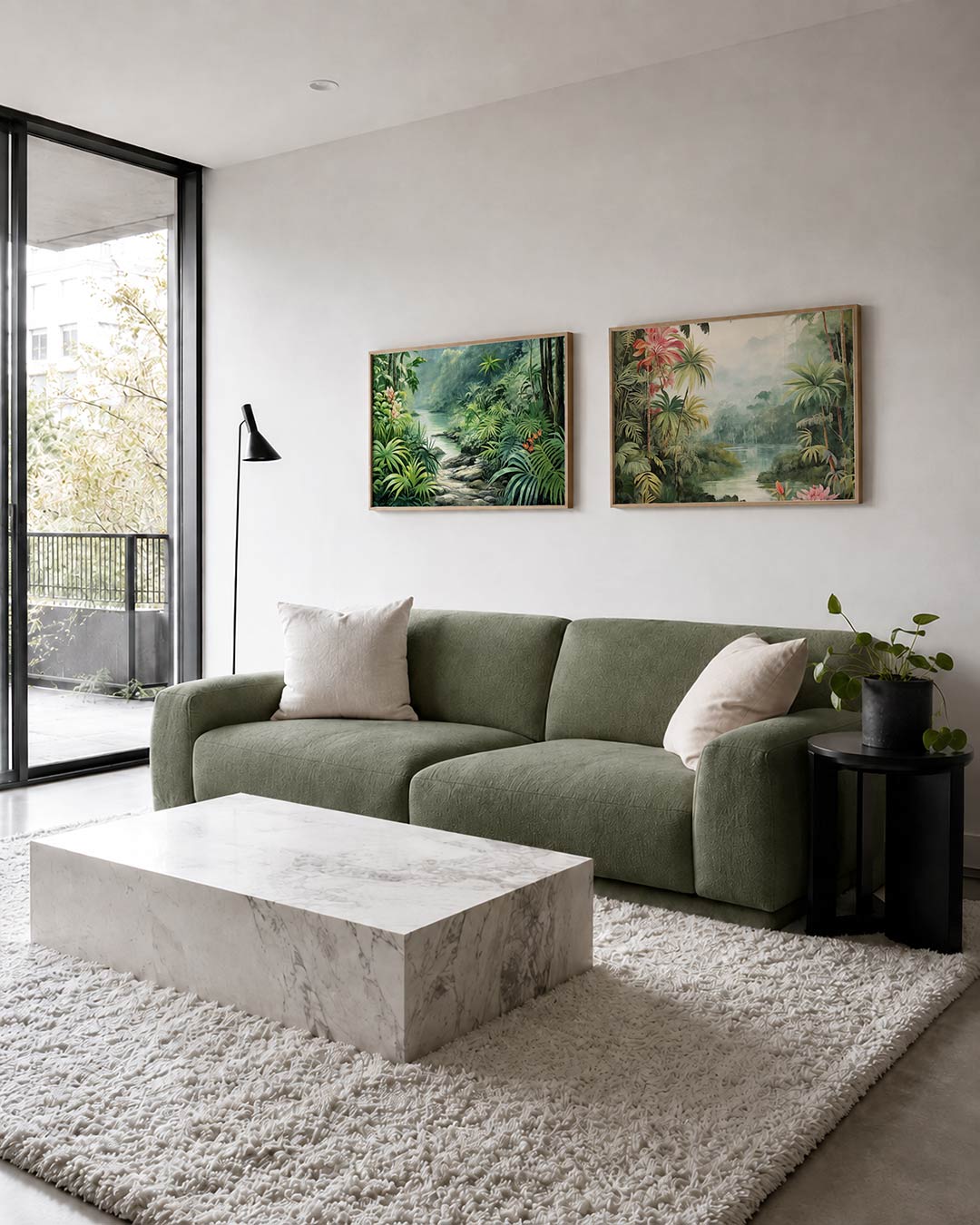 Twee liggende posters met weelderig groen met een rustige rivier, aan de muur in een interieur