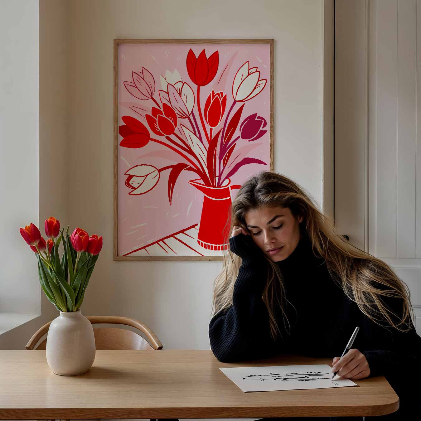 Bloeiende Tulpen in Rode Vaas Poster-WallArtistic