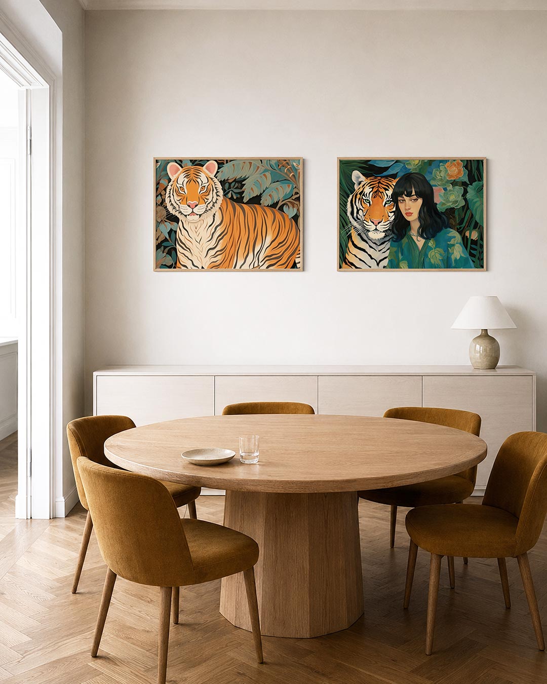 Interieurpresentatie van twee posters met een levendige tijger met oranje en zwarte strepen