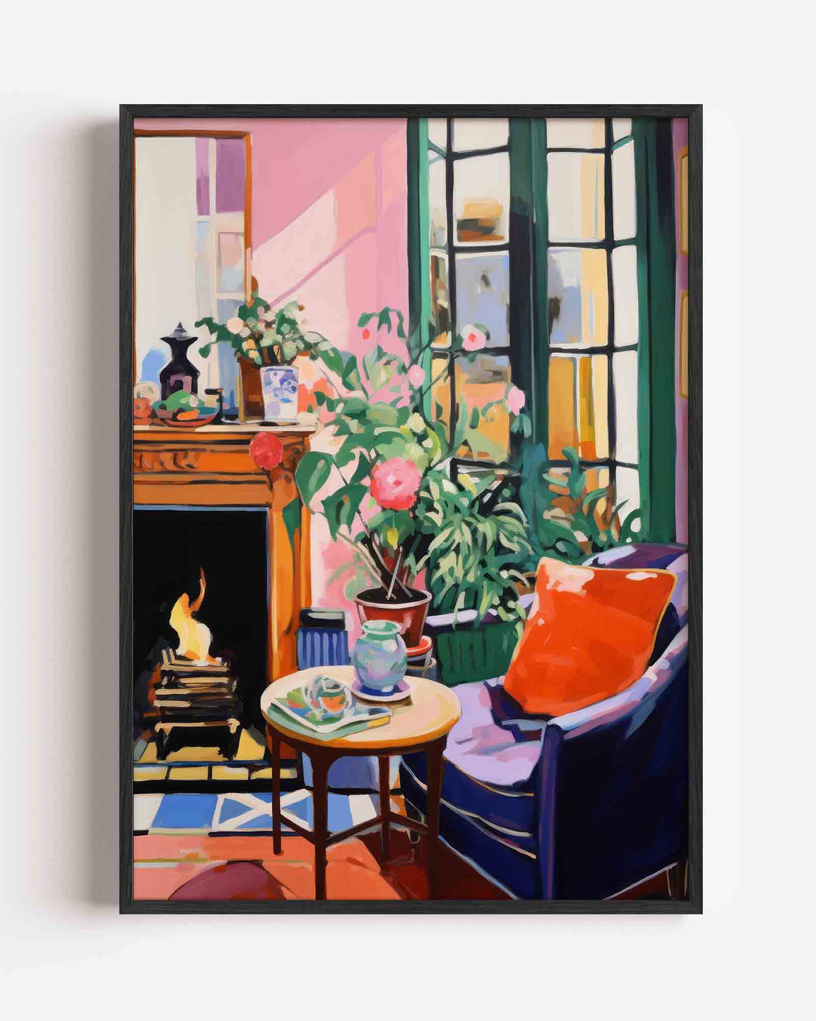 Interieur met open haard Poster