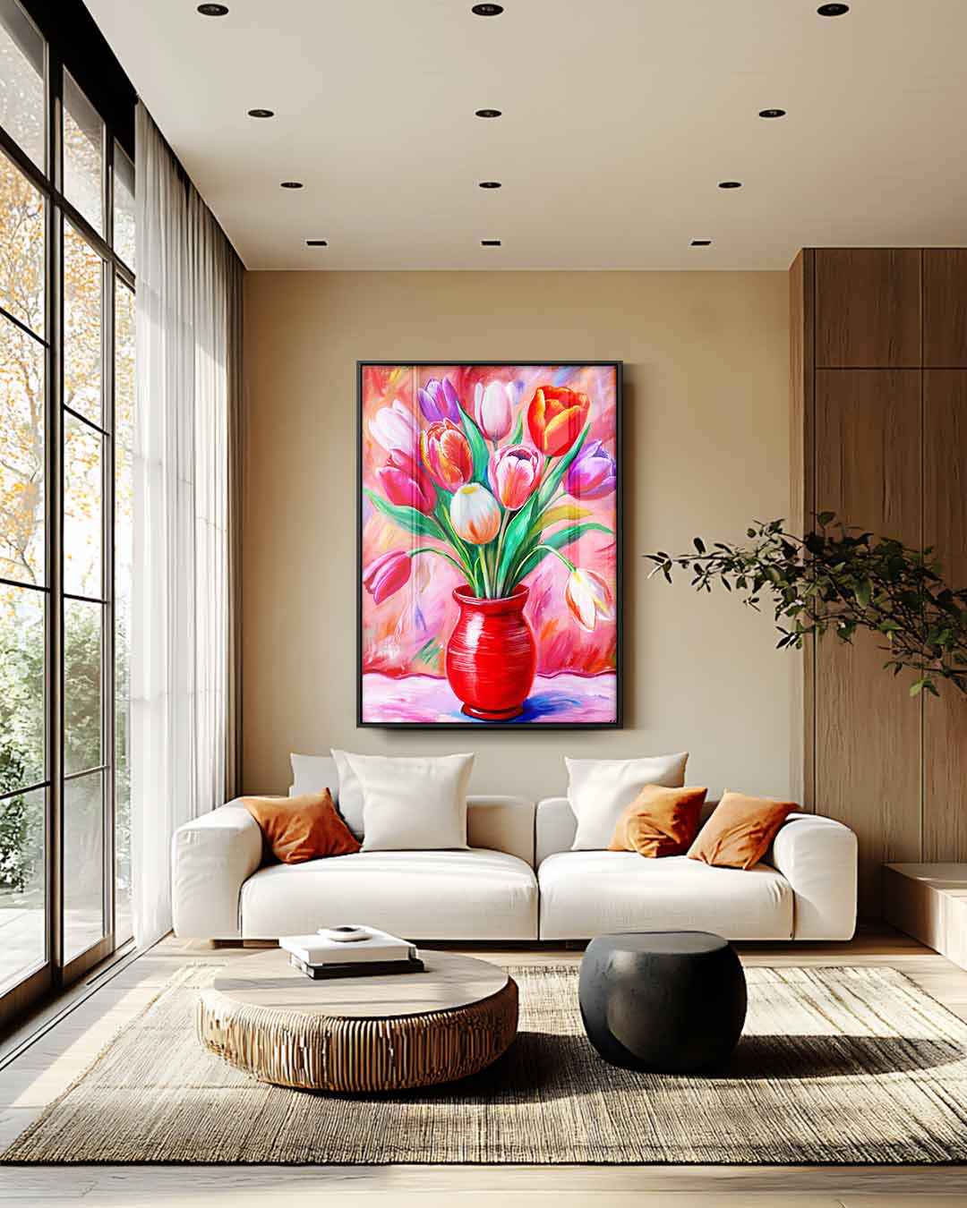 Kleurrijke Tulpen in Rode Vaas Kunstwerk-canvas-dibond-plexiglas-wanddecoratie-WallArtistic